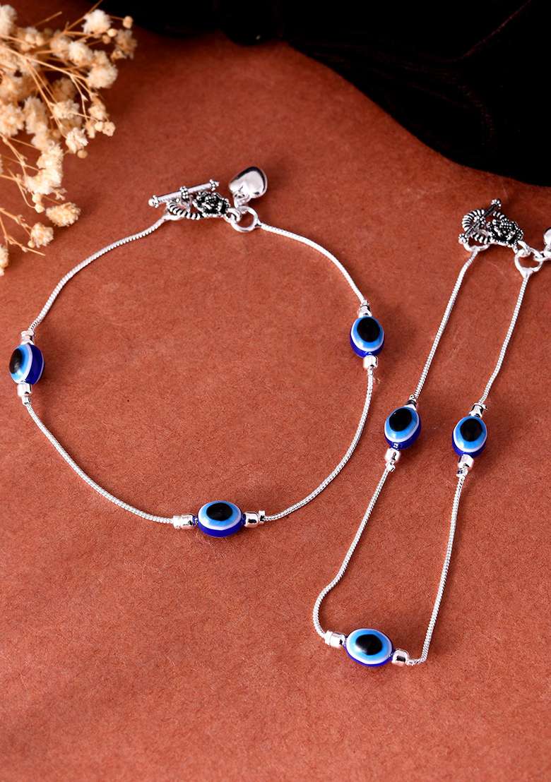 Set Of 2 Silver-Plated Stainless Steel Evil Eye Studded Anklet - Indya