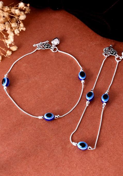 Set Of 2 Silver-Plated Stainless Steel Evil Eye Studded Anklet