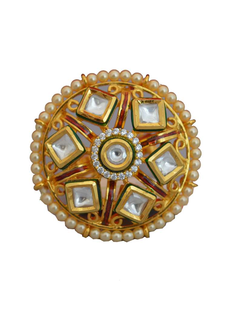 Golden White Jadau Kundan Ring With Ad Finger Ring - Indya