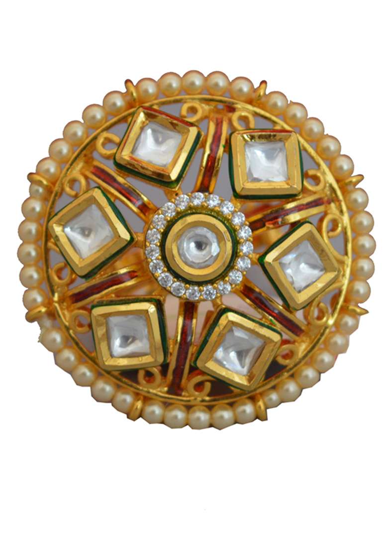 Golden White Jadau Kundan Ring With Ad Finger Ring - Indya