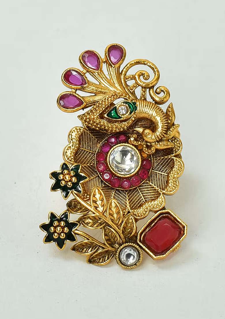 Multicolor Gold Tone Polki Ring Finger Ring - Indya