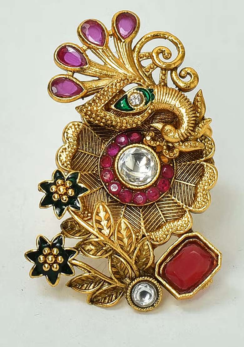 Multicolor Gold Tone Polki Ring Finger Ring - Indya