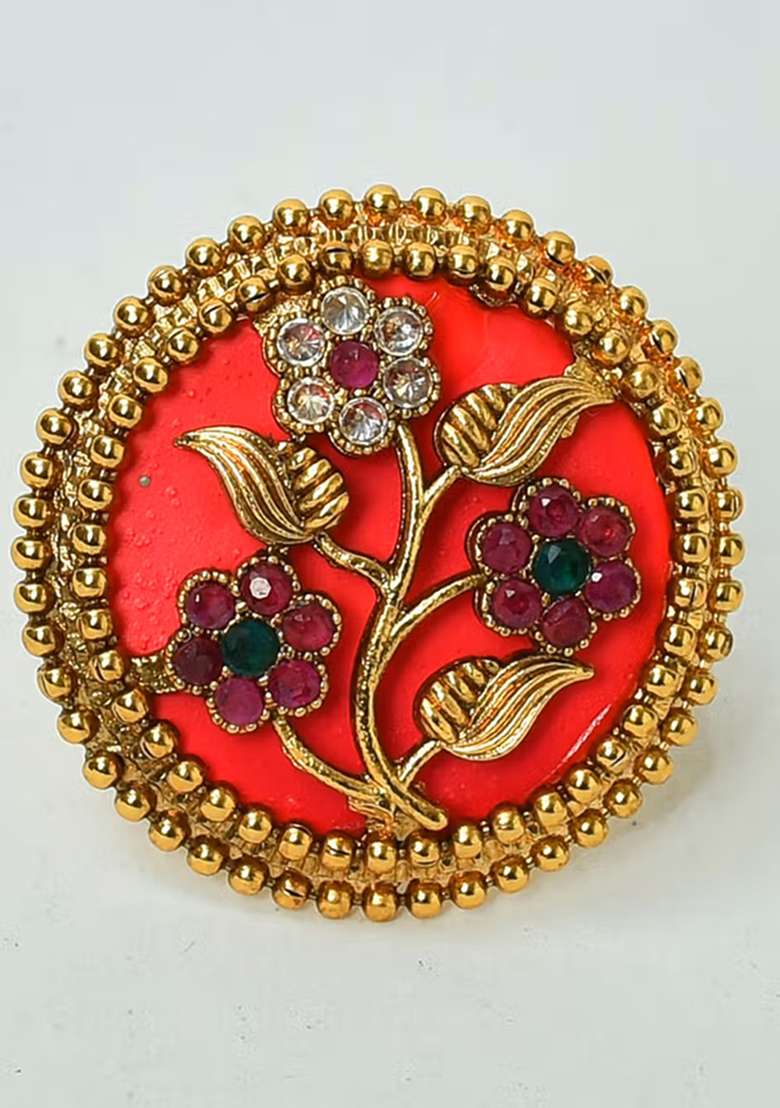 Multicolor Gold Tone Polki Ring Finger Ring - Indya
