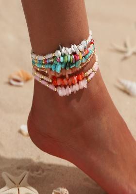 Set Of 6 Gold Plated Anti-Tarnish Multicolor Natural Stones Beaded Anklets