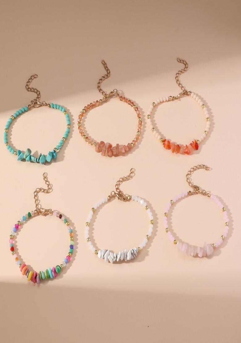 Set Of 6 Gold Plated Anti-Tarnish Multicolor Natural Stones Beaded Anklets - Indya