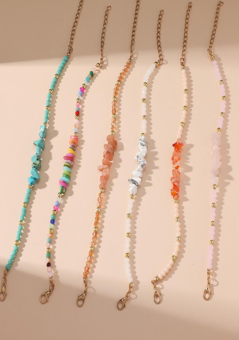 Set Of 6 Gold Plated Anti-Tarnish Multicolor Natural Stones Beaded Anklets - Indya