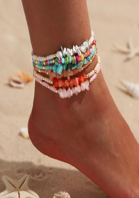 Set Of 6 Gold Plated Anti-Tarnish Multicolor Natural Stones Beaded Anklets