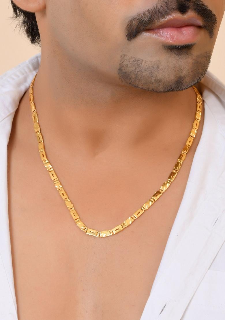 Gold Plated Wave Design Biscuit Chain For Men - Indya