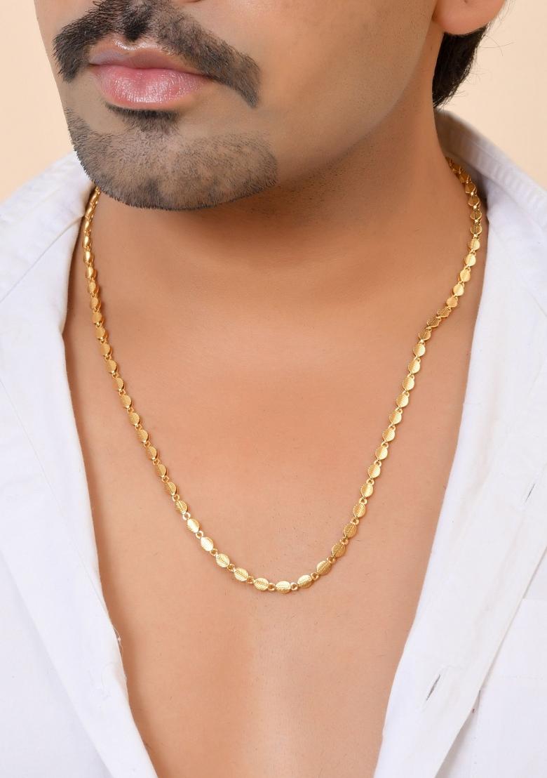 Gold Plated Oval Leaf Shaped Chain For Men - Indya