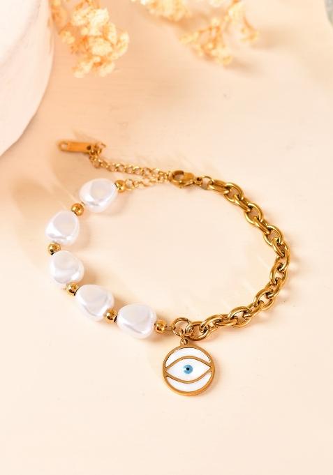Gold Plated Pearl And Evil Eye Bracelet For Women