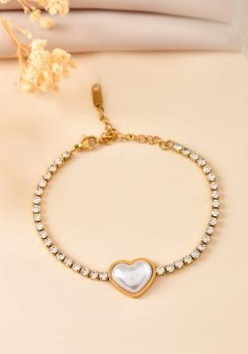 Gold Plated Ad Stone Studded With Heart Shaped Pearl Bracelet For Women