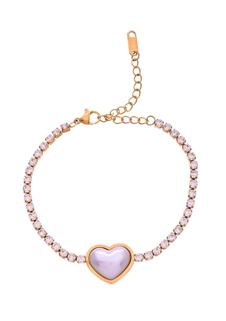 Gold Plated Ad Stone Studded With Heart Shaped Pearl Bracelet For Women - Indya