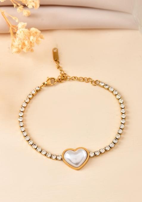 Gold Plated Ad Stone Studded With Heart Shaped Pearl Bracelet For Women