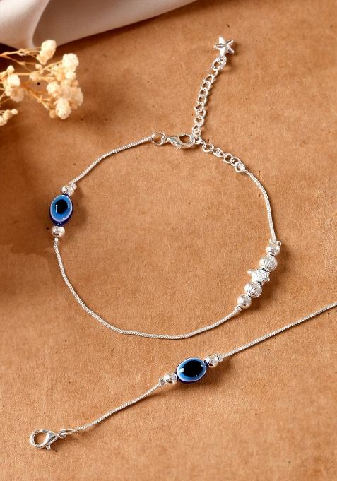 Set Of 2 Silver Plated Eveil Eye Beats Anklet