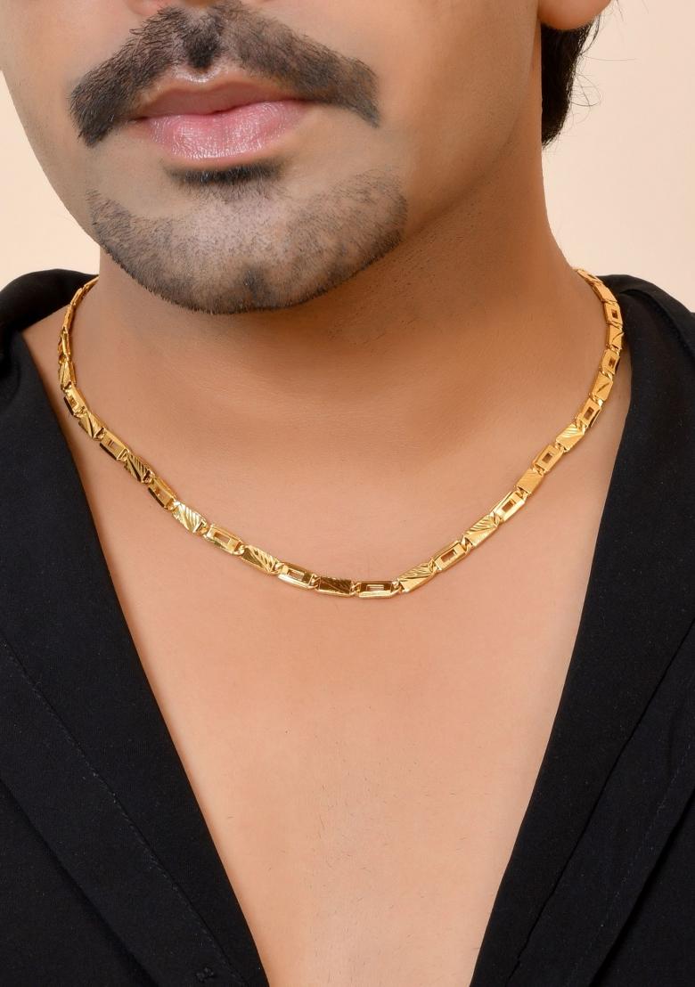 Gold Toned Rectangular Designed Biscuit Chain For Men - Indya
