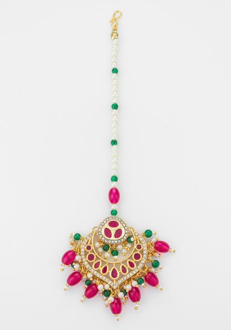 Pink Kundan Alloy Kundan Mangtikka