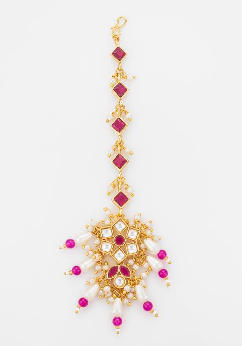 Pink Kundan Alloy Kundan Mangtikka