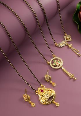 Golden Diamond Alloy Mangalsutra Set With Earrings