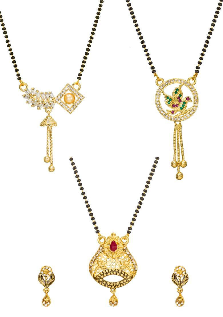 Golden Diamond Alloy Mangalsutra Set With Earrings - Indya