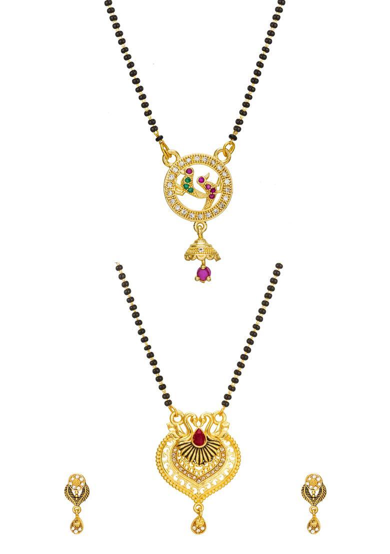Golden Diamond Alloy Mangalsutra Set With Earrings - Indya