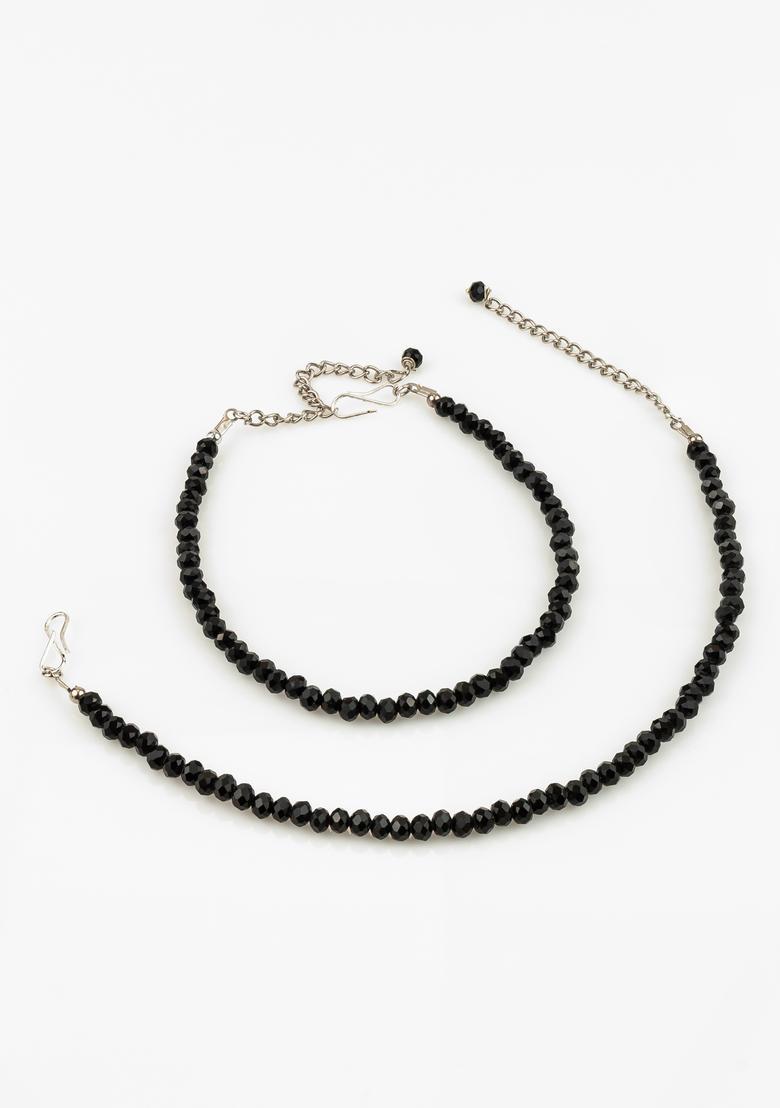 Black Beads Alloy Anklet - Indya