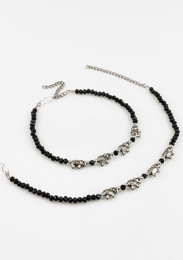 Black Beads Alloy Anklet - Indya