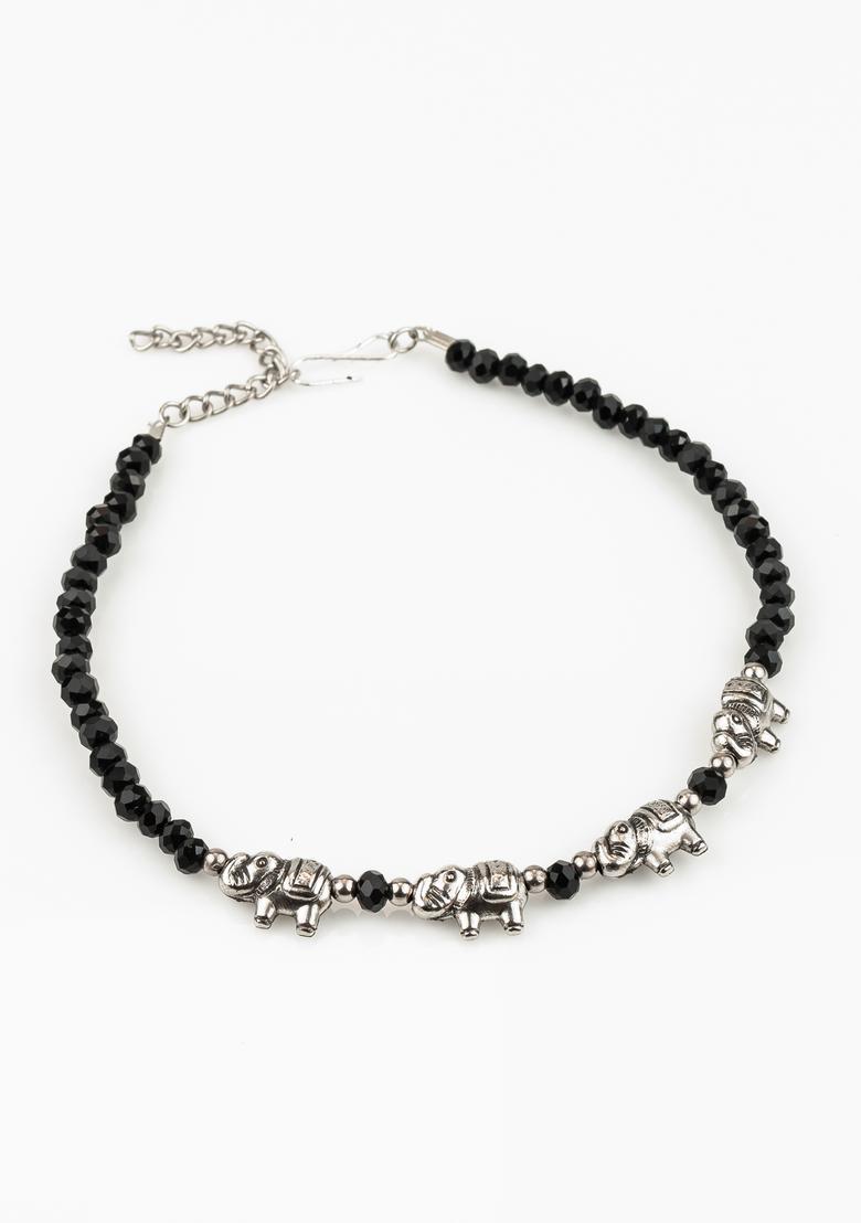 Black Beads Alloy Anklet - Indya