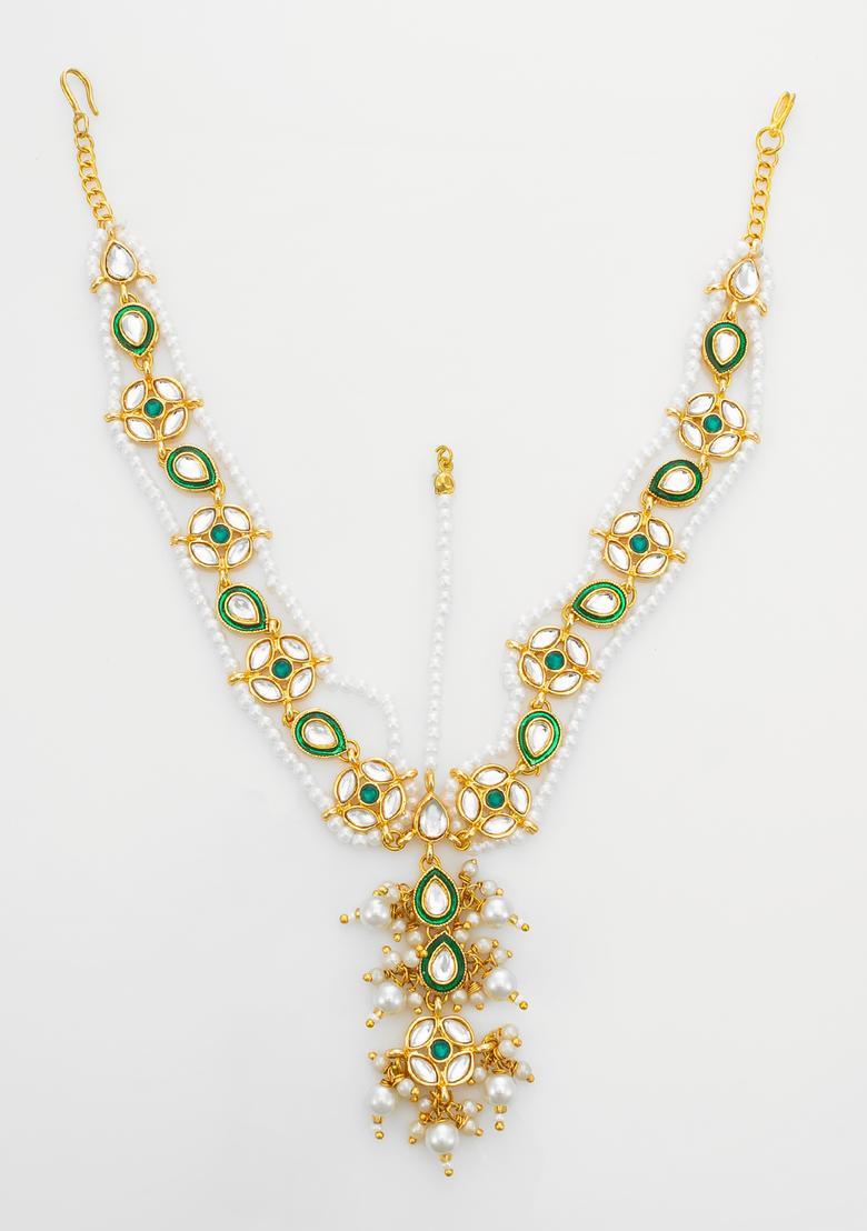 Green Kundan Alloy Matha Patti With Maang Tikka - Indya