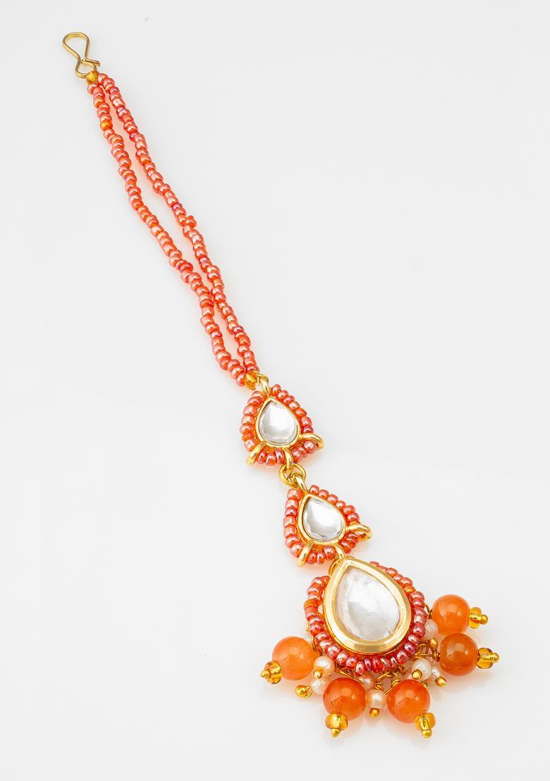 Orange Kundan Alloy Maang Tikka - Indya