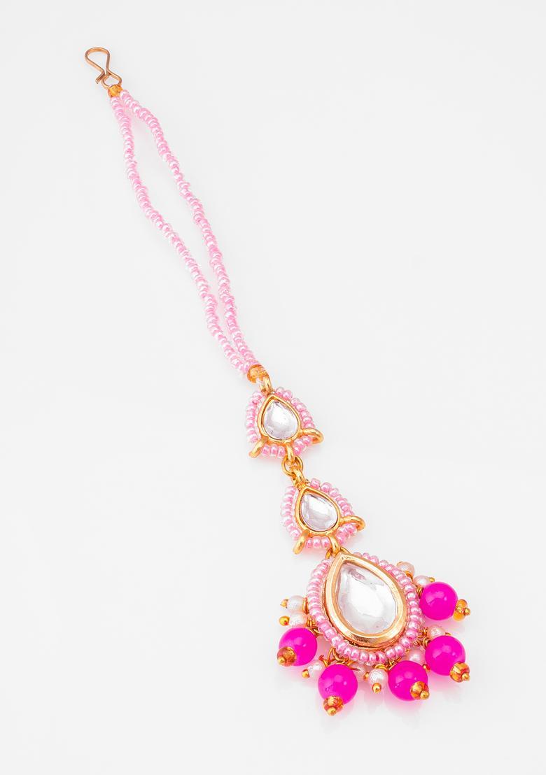 Pink Kundan Alloy Maang Tikka - Indya