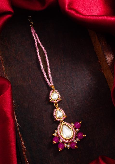 Pink Kundan Alloy Maang Tikka
