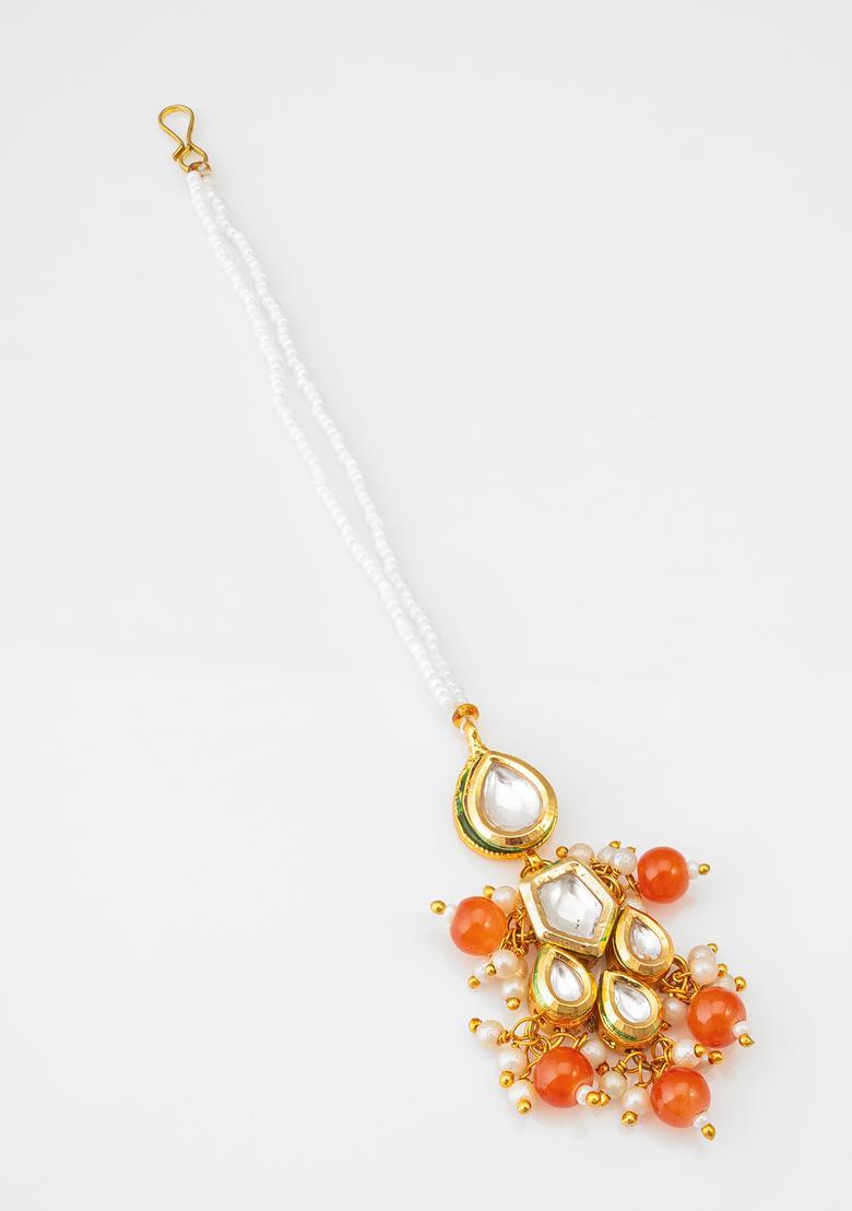 Orange Kundan Alloy Maang Tikka - Indya