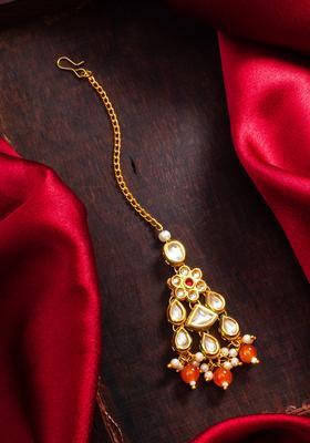 Orange Kundan Alloy Maang Tikka