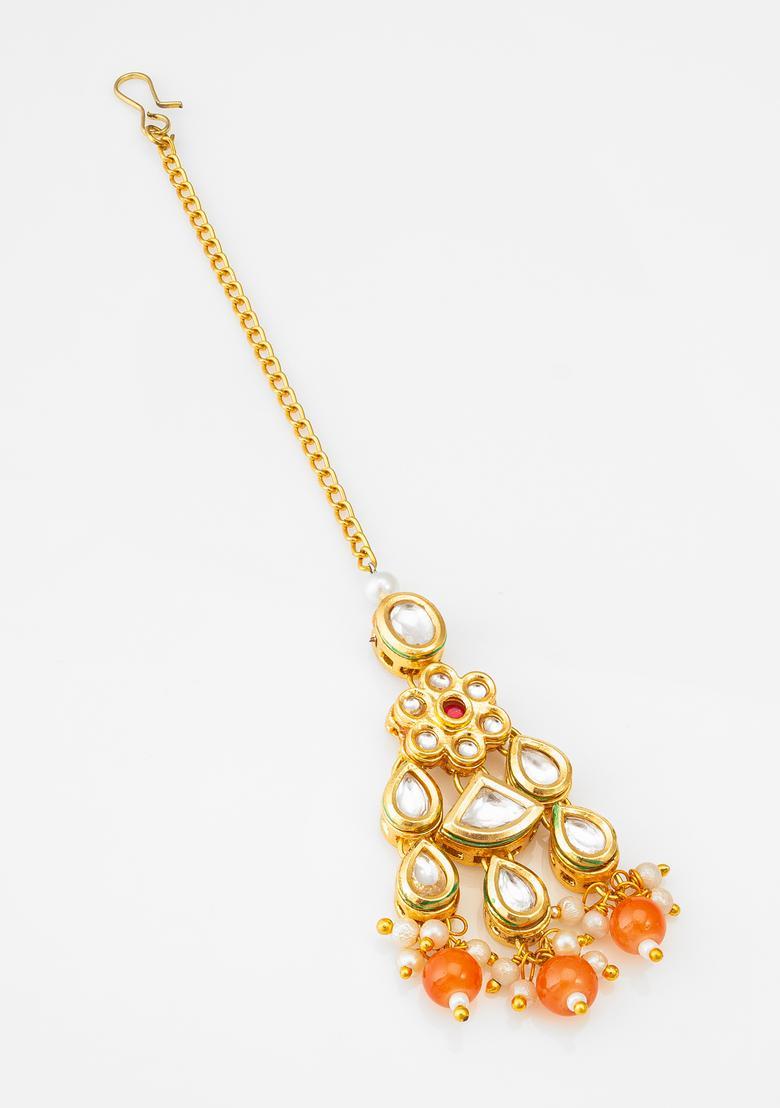 Orange Kundan Alloy Maang Tikka - Indya