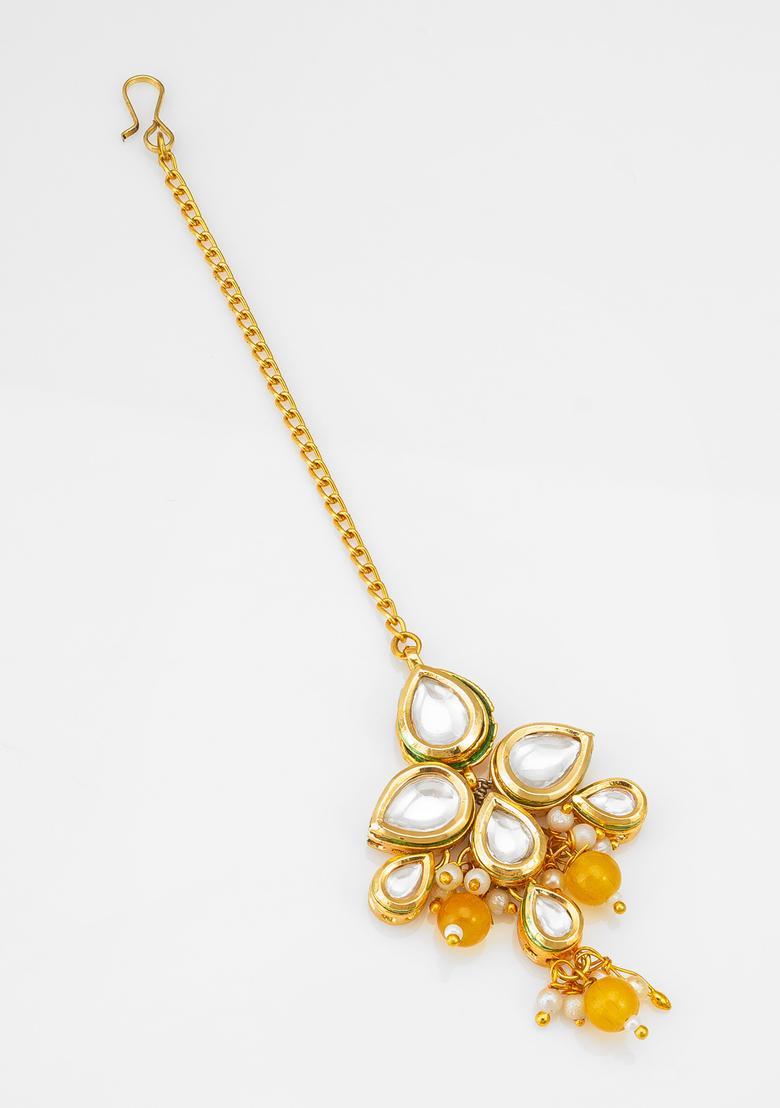 Yellow Kundan Alloy Maang Tikka - Indya