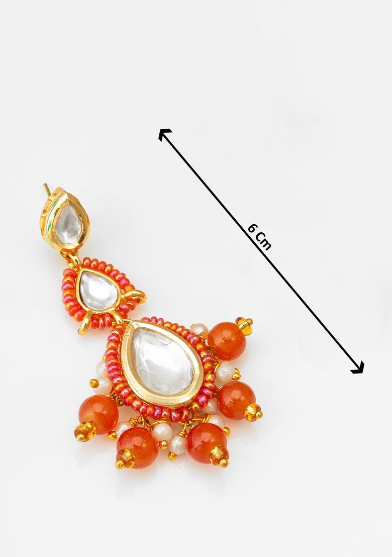 Orange Kundan Alloy Maang Tikka With Earrings Set - Indya