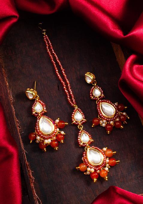 Orange Kundan Alloy Maang Tikka With Earrings Set
