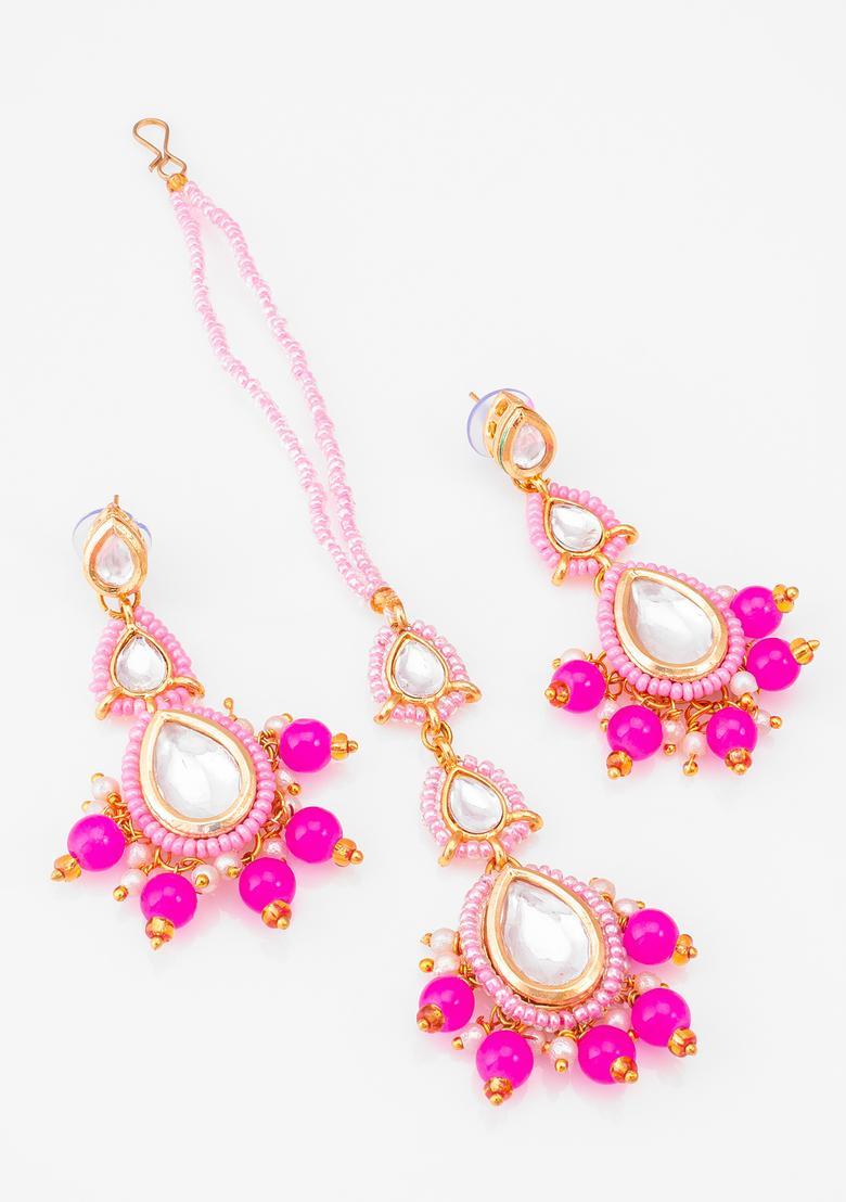 Pink Kundan Alloy Maang Tikka With Earrings Set - Indya