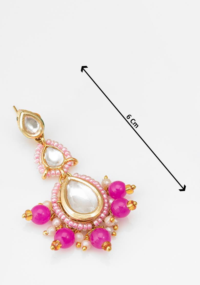 Pink Kundan Alloy Maang Tikka With Earrings Set - Indya