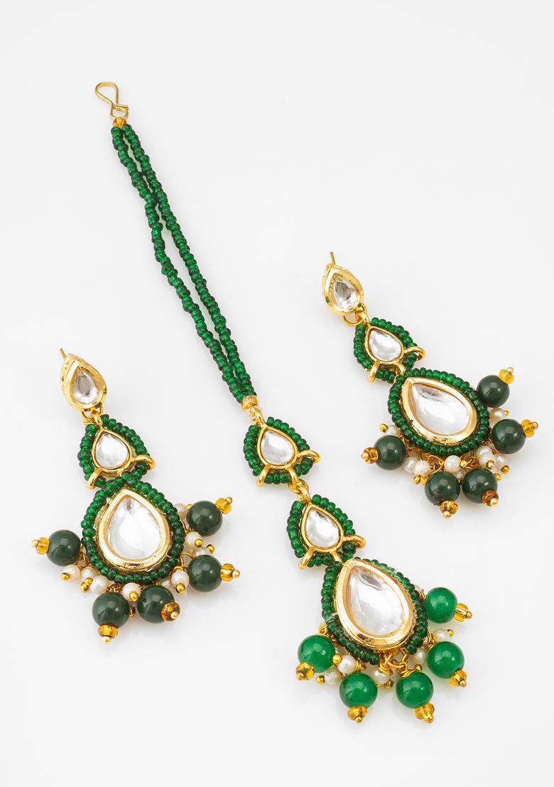 Green Kundan Alloy Maang Tikka With Earrings Set - Indya