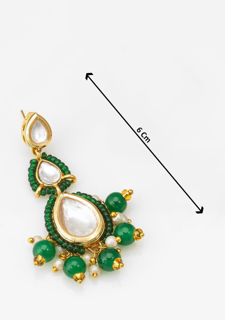 Green Kundan Alloy Maang Tikka With Earrings Set - Indya