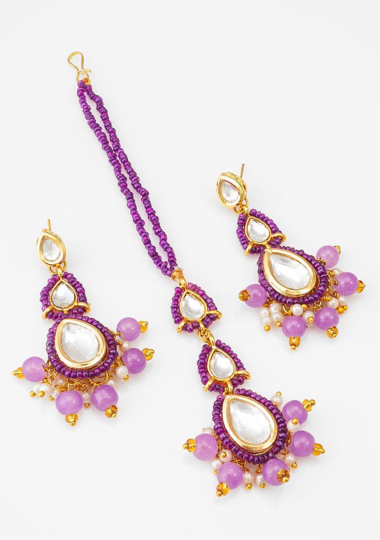 Purple Kundan Alloy Maang Tikka With Earrings Set - Indya