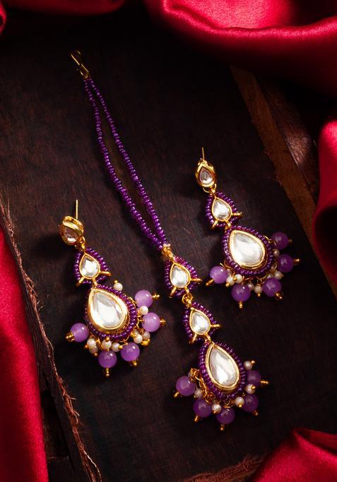 Purple Kundan Alloy Maang Tikka With Earrings Set