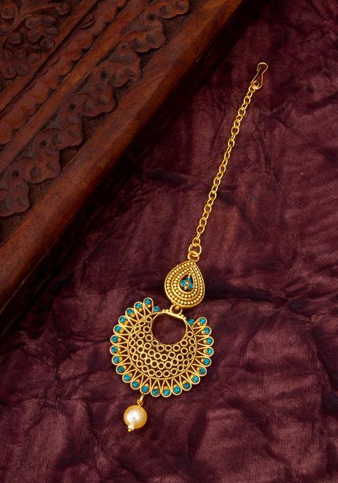 Golden Artificial Stones Alloy Maang Tikka