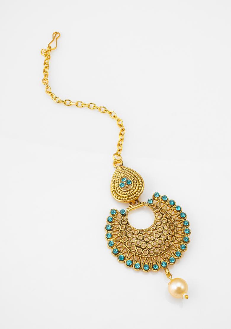 Golden Artificial Stones Alloy Maang Tikka - Indya