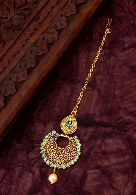 Golden Artificial Stones Alloy Maang Tikka