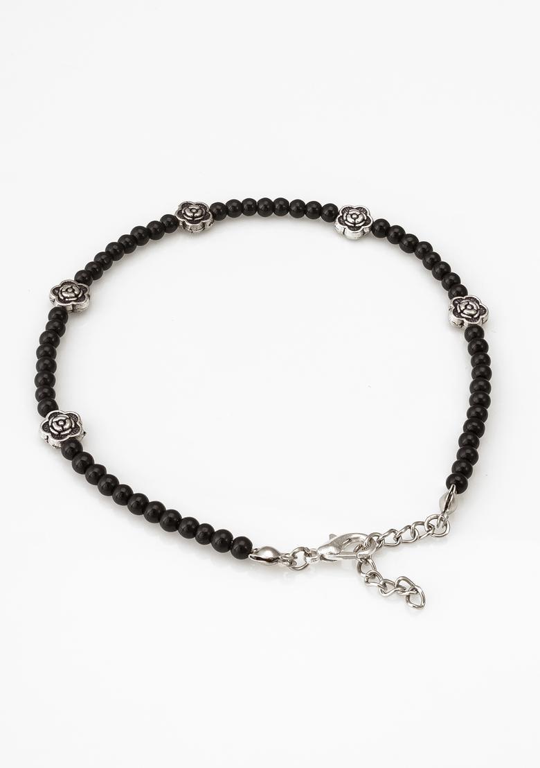 Black Beads Alloy Anklet - Indya