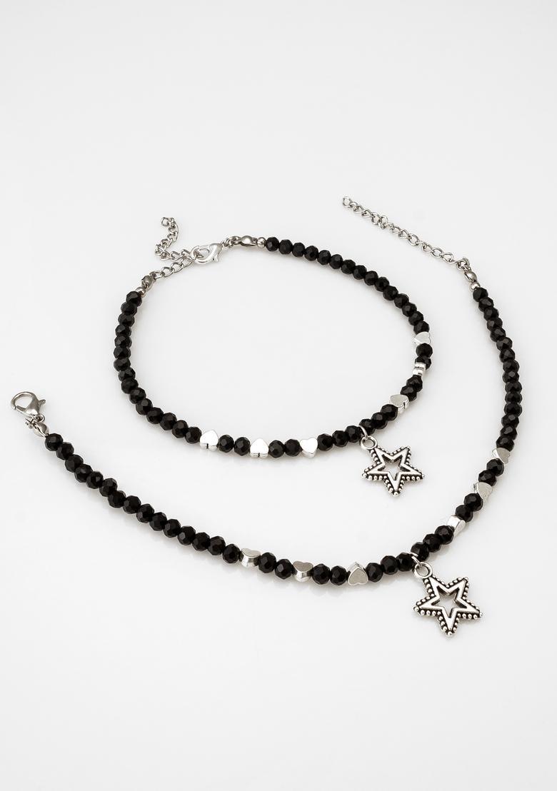 Black Beads Alloy Anklet - Indya