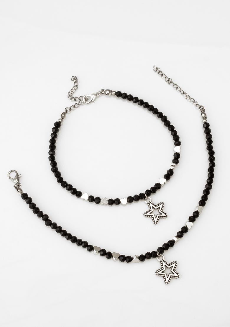 Black Beads Alloy Anklet - Indya