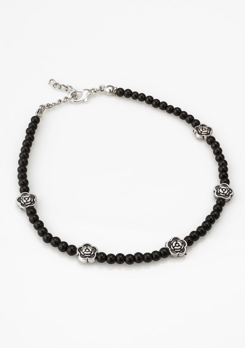 Black Beads Alloy Anklet - Indya